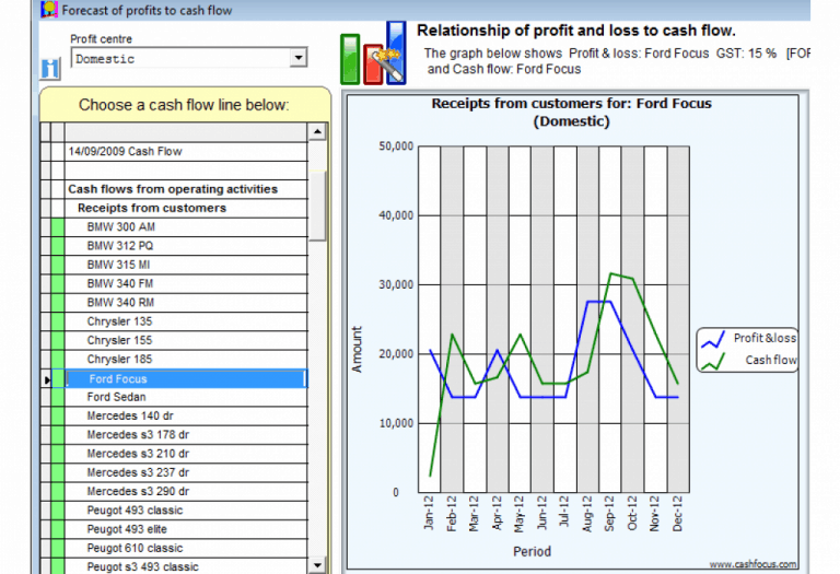 Profit vs ash flow relationship graph report in Visual Cash Focus